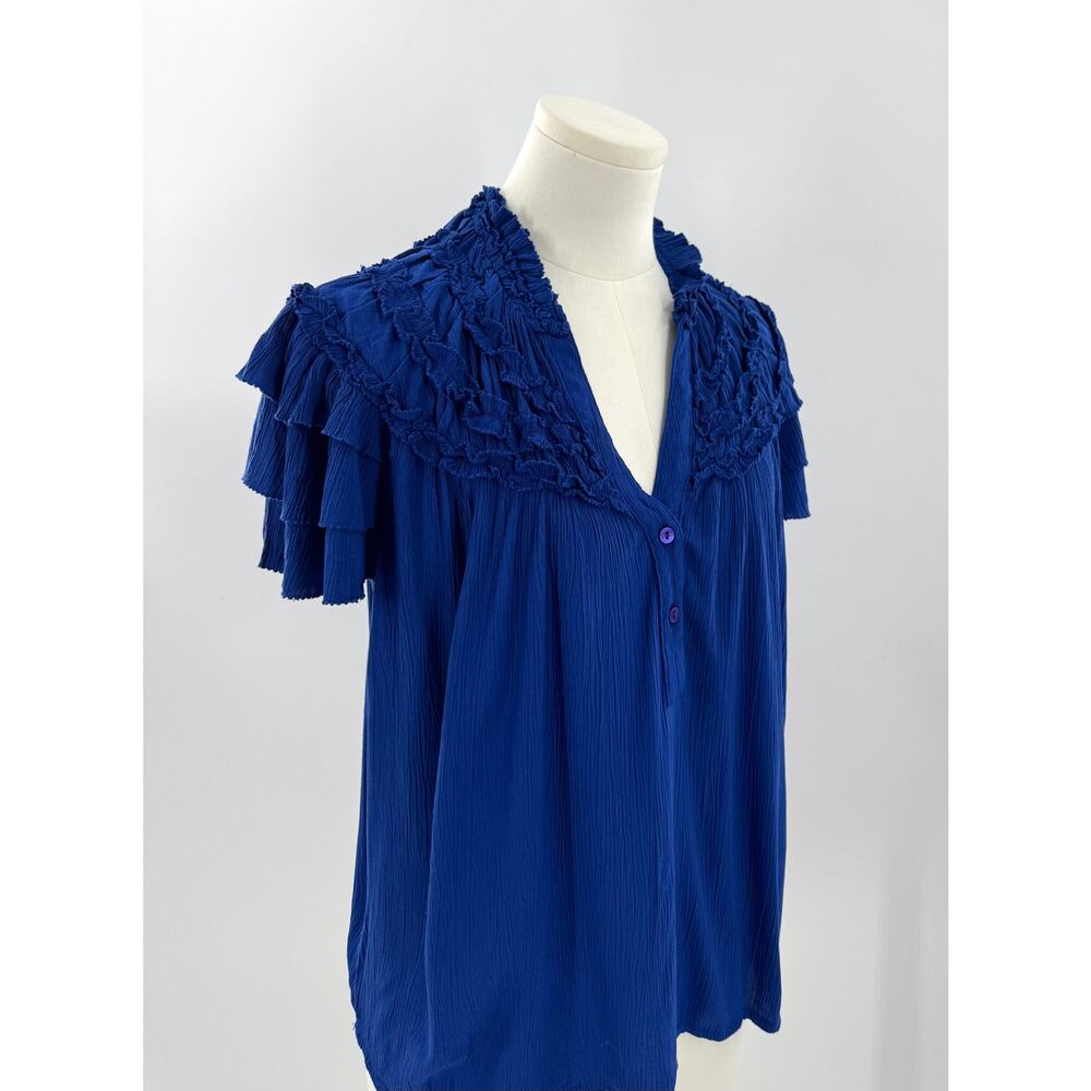 Maeve Anthropologie Cobalt Blue Flutter Sleeve Top Ruffle Blouse Small NWT